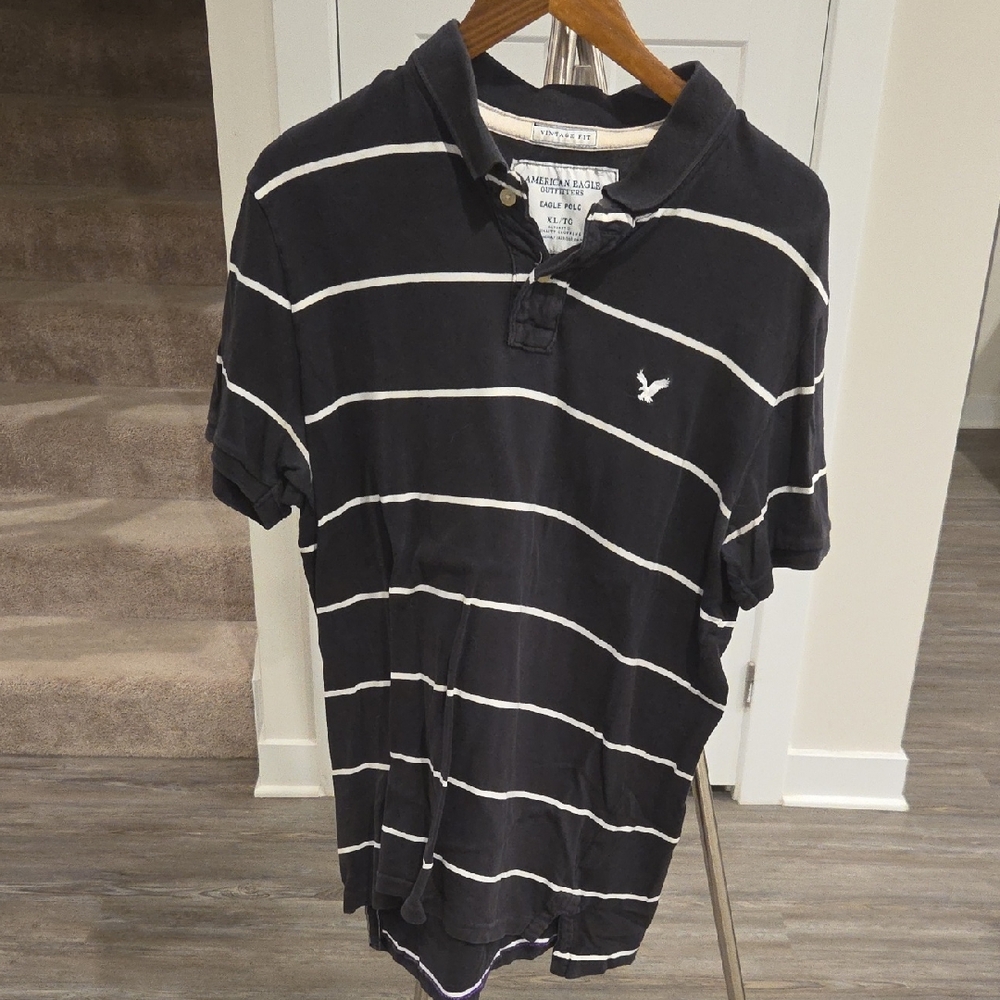 American Eagle Outfitters Men's Polo in Black with White Stripes